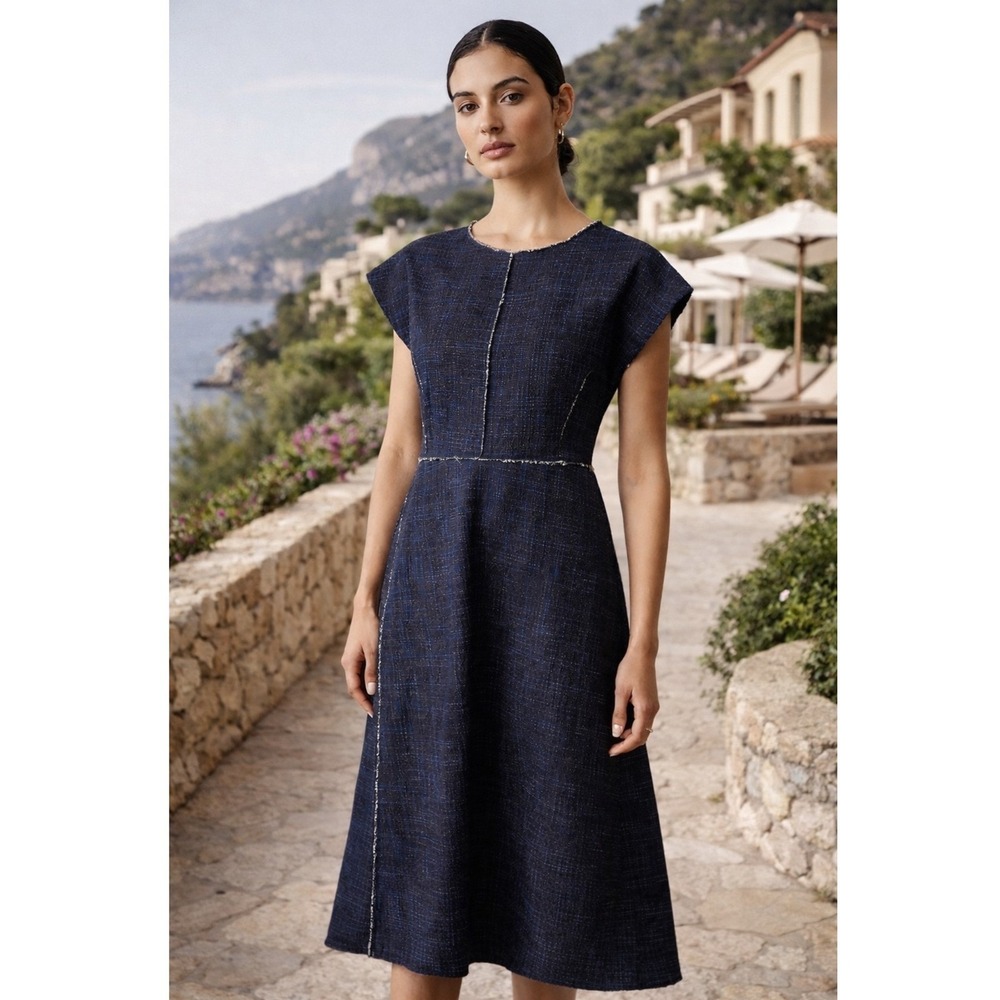Britt Sisseck Sindet Dress Navy Textured Woven Scandinavian Minimalist Sz36‎ US4